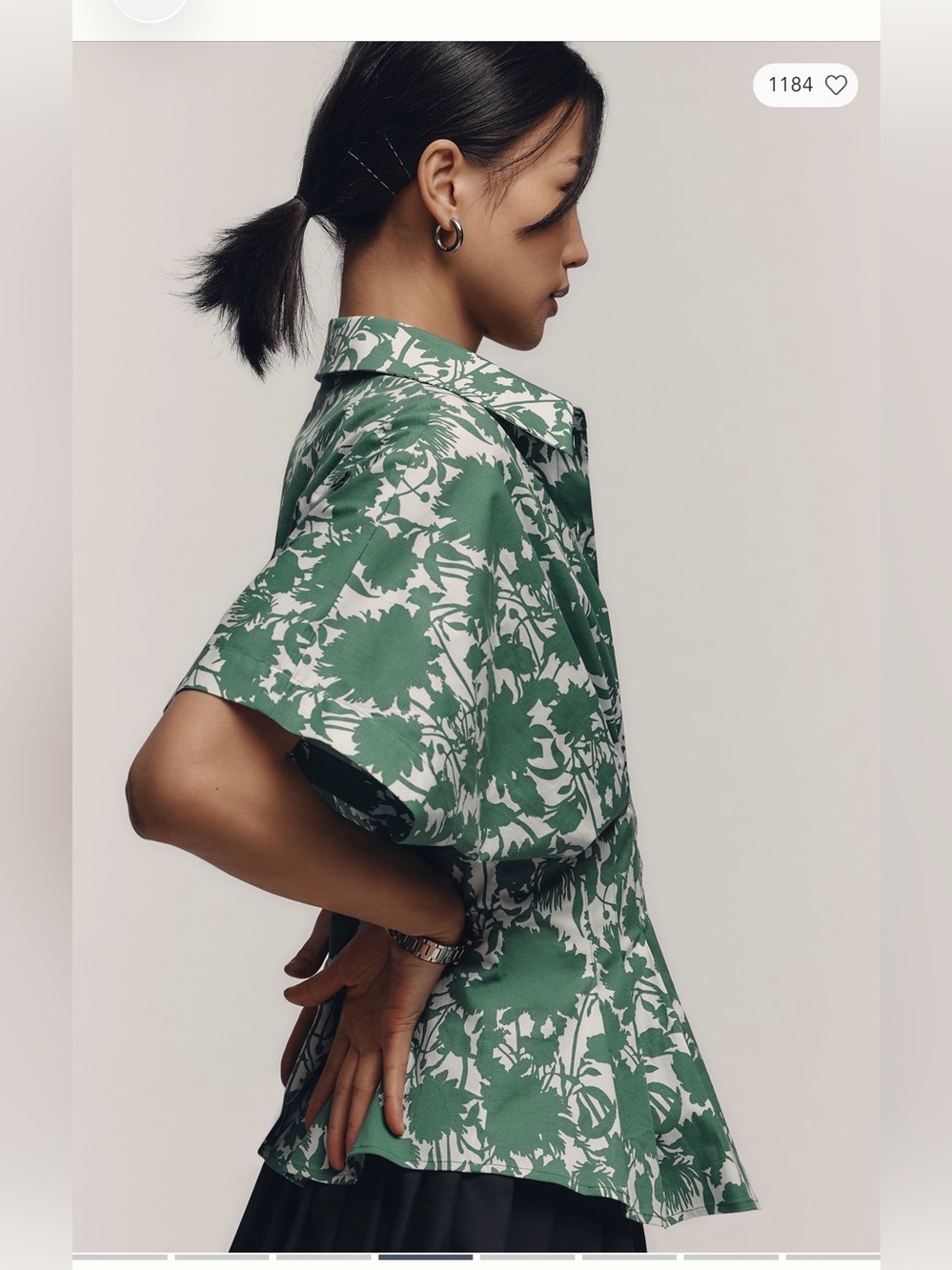 Anthropologie The Tobie Short Sleeve Pleated Blouse By Exquise Green Floral Sz L - Picture 5 of 8